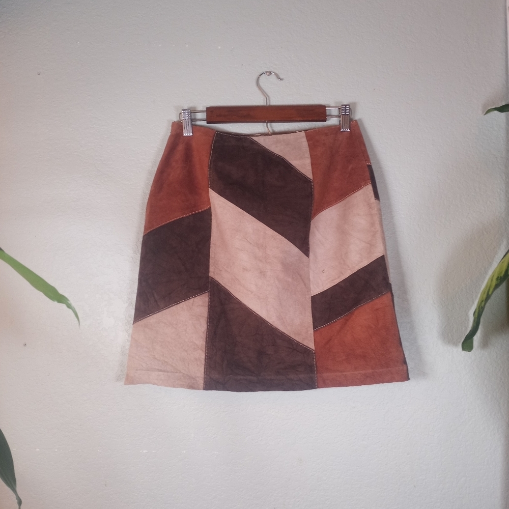 Apostrophe Leather Suede Patchwork Retro 70s Style Tan Brown Hippie Boho Skirt 8 - Picture 7 of 13